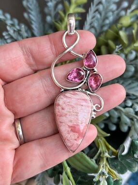 Rhodochrosite & Pink Topaz Gemstone 2.8” Sterling Silver Pendant